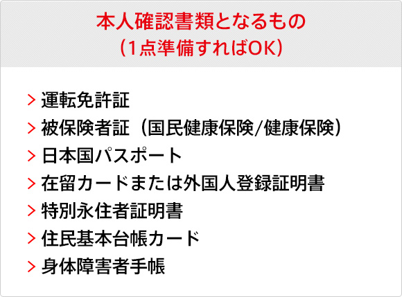 本人確認書類となるもの（1点準備すればOK）運転免許証、被保険者証（国民健康保険/健康保険）、日本国パスポート、在留カードまたは外国人登録証明書、特別永住者証明書、住民基本台帳カード、身体障害者手帳