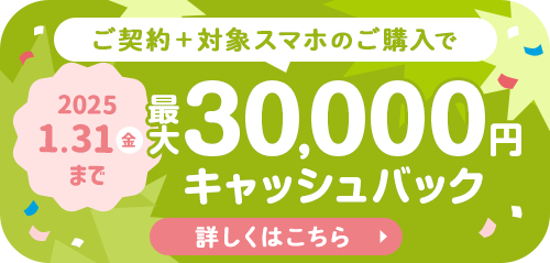 ご契約＋対象スマのホご購入で最大30,000円キャッシュバック！詳しくはクリック！