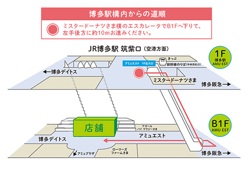 博多駅構内からの道順、ミスタードーナツさま横のエスカレーターでB1Fへ下りて、左手後方に約10mお進みください。